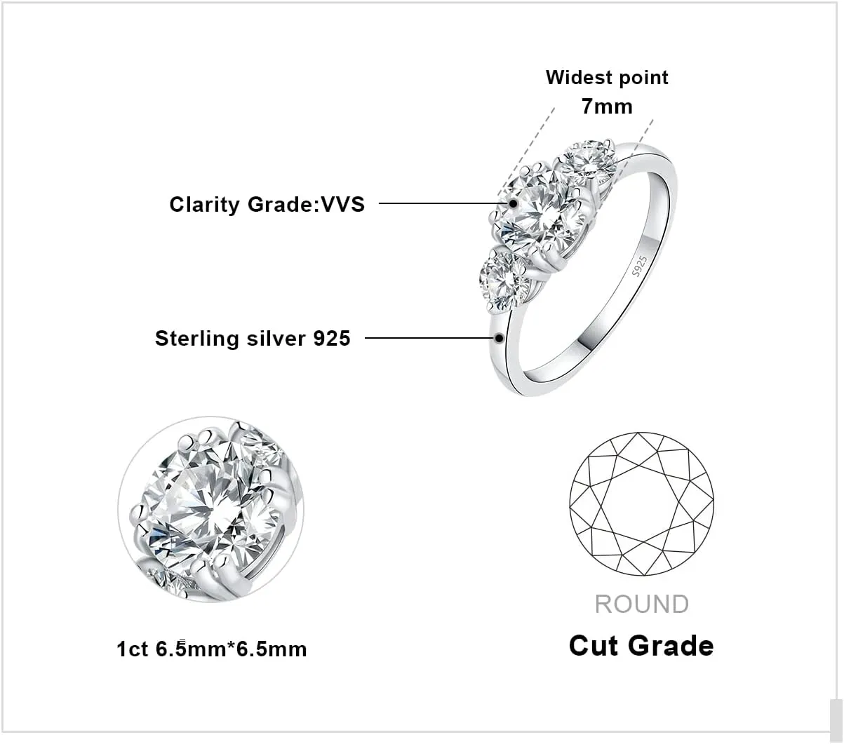 JewelryPalace Classic 1ct 3 Stone Moissanite Solitaire Engagement Rings for Women, 925 Sterling Silver 14K Gold Promise Ring for Her, Round Cut Simulated Diamond Wedding Rings H-J Size 5-12
