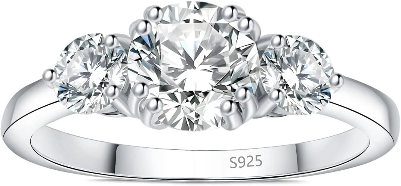 JewelryPalace Classic 1ct 3 Stone Moissanite Solitaire Engagement Rings for Women, 925 Sterling Silver 14K Gold Promise Ring for Her, Round Cut Simulated Diamond Wedding Rings H-J Size 5-12