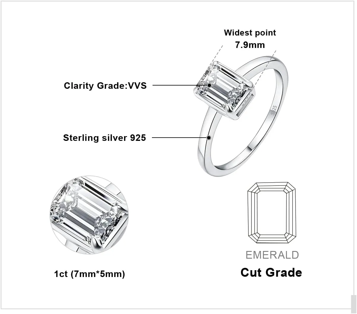 JewelryPalace Classic 1ct Emerald Cut Moissanite Solitaire Engagement Rings for Women, 925 Sterling Silver Promise Ring for Her, Simulated Diamond Anniversary Wedding Rings D-F VVS