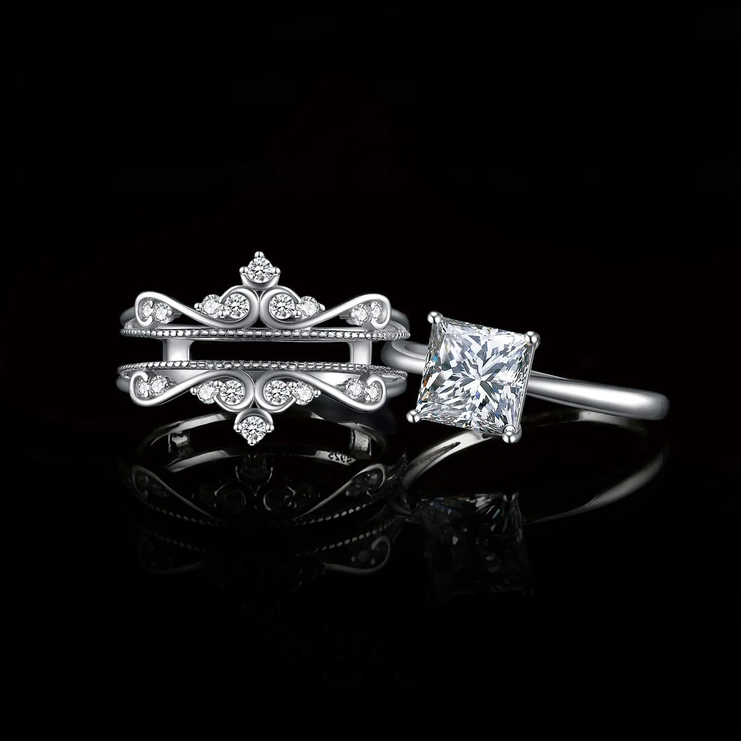 JewelryPalace Vintage Princess Cut 2ct Cubic Zirconia Solitaire Engagement Ring for Women, Classic 14K White Gold 925 Sterling Silver Promise Ring for her, Crown Enhancer Wedding Band Ring Bridal Sets