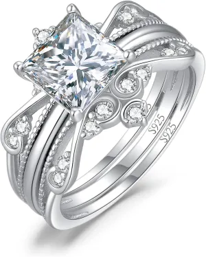 JewelryPalace Vintage Princess Cut 2ct Cubic Zirconia Solitaire Engagement Ring for Women, Classic 14K White Gold 925 Sterling Silver Promise Ring for her, Crown Enhancer Wedding Band Ring Bridal Sets
