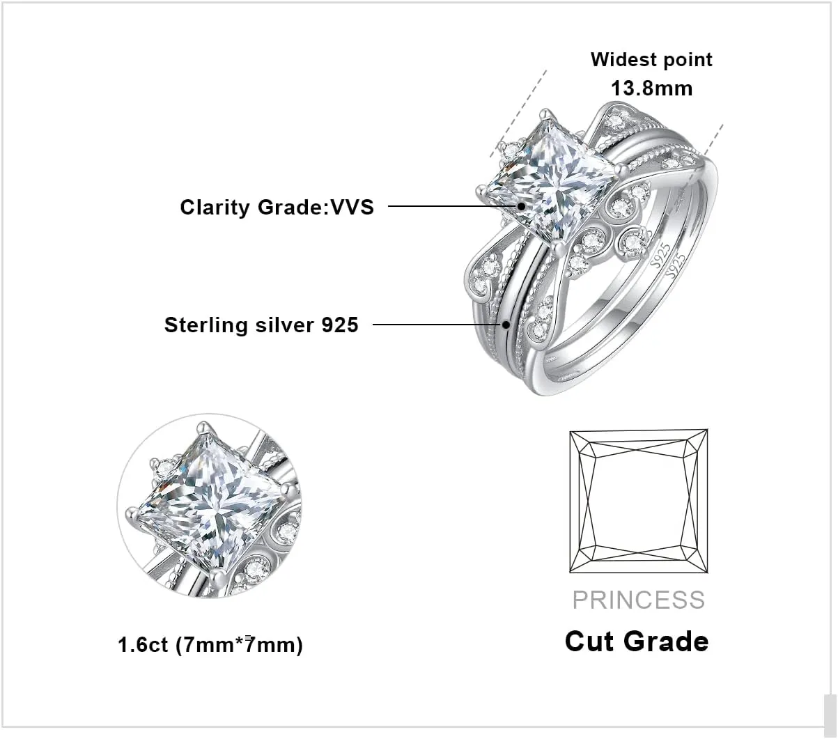 JewelryPalace Vintage Princess Cut 2ct Cubic Zirconia Solitaire Engagement Ring for Women, Classic 14K White Gold 925 Sterling Silver Promise Ring for her, Crown Enhancer Wedding Band Ring Bridal Sets