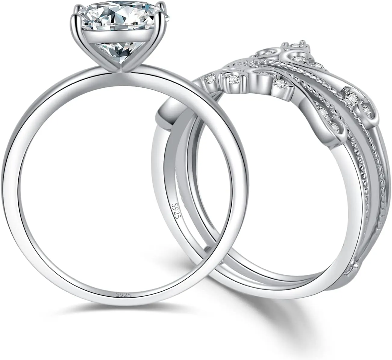 JewelryPalace Vintage Princess Cut 2ct Cubic Zirconia Solitaire Engagement Ring for Women, Classic 14K White Gold 925 Sterling Silver Promise Ring for her, Crown Enhancer Wedding Band Ring Bridal Sets