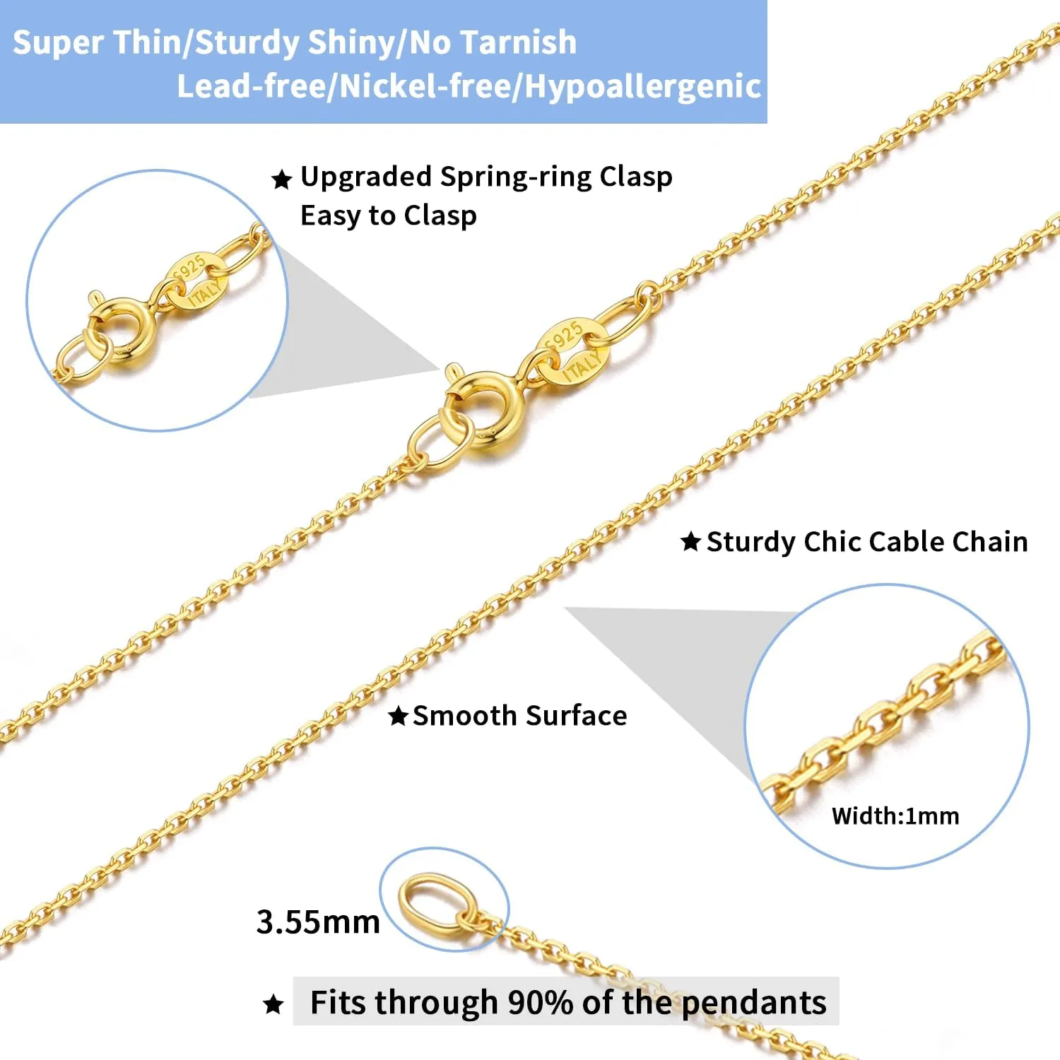 Jewlpire 1MM Italian Ultra Luxury Solid 24K Gold Over 925 Sterling Silver Chain Necklace for Women, Hypoallergenic Cable Chain Sturdy & Shiny & Thin Women's Chain Necklaces 16/18/20/22/24 Inch