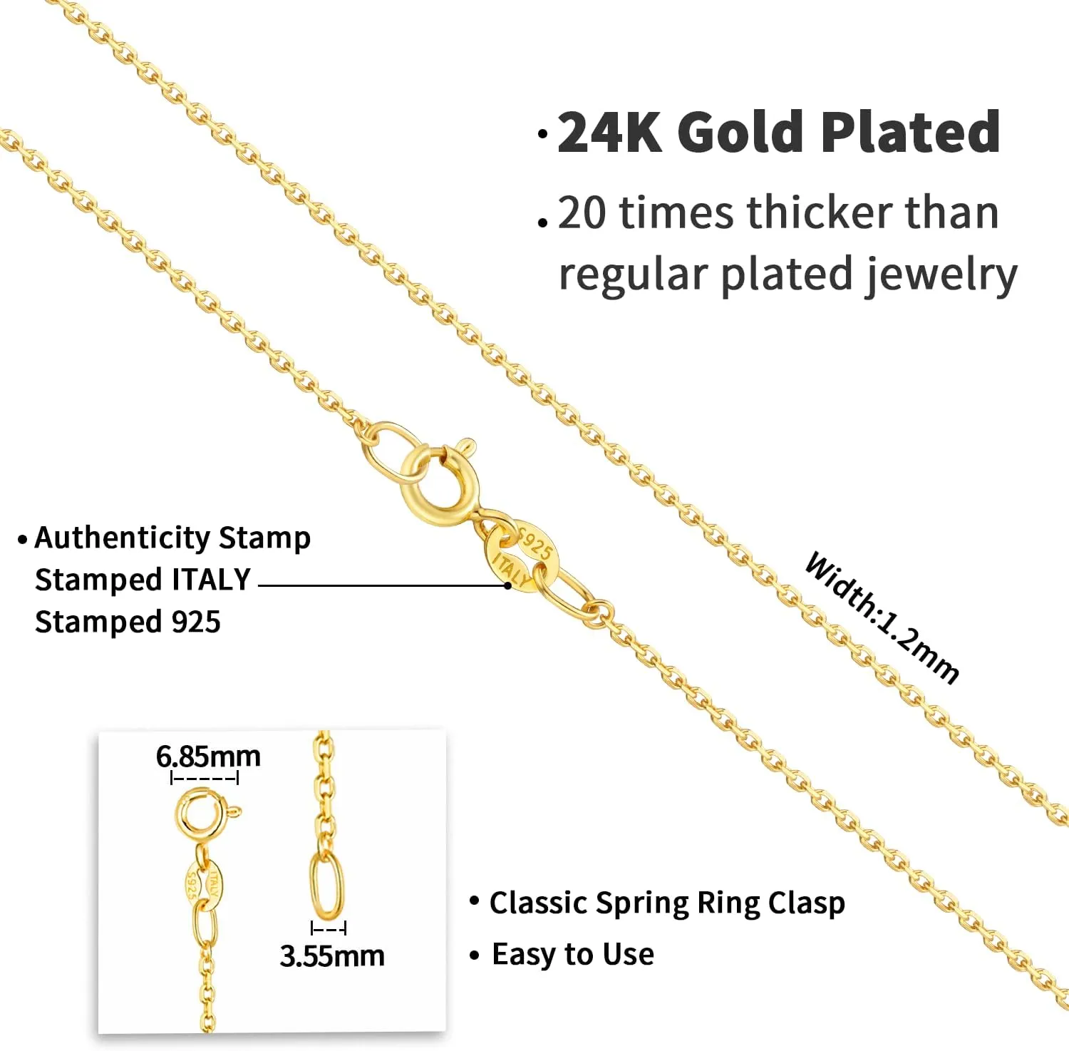 Jewlpire Italian Real 925 Sterling Silver Chain Necklace for Women, 1.2mm Cable Chain Sturdy & Shiny Women's Chains Necklaces 16 18 20 22 24 Inch