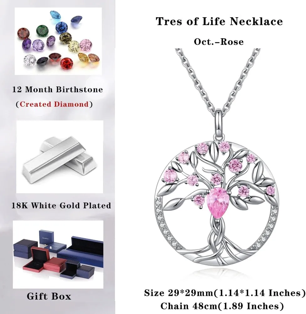 jiamiaoi 18K White Gold Plated Tree of Life Necklaces for Women Cubic Zirconia Tree of Life Pendant with Birthstone, Come with Gift Box, Great Gift for Women/Mother/Wife