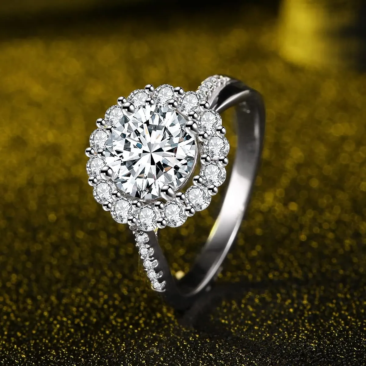 JIANGYUE Classic 3 Carats AAA Diamond Cubic Zirconia Engagement Wedding Rings for Women 14K White Gold Big Main Stone Cocktail Halo Rings Size 5 6 7 8 9 10