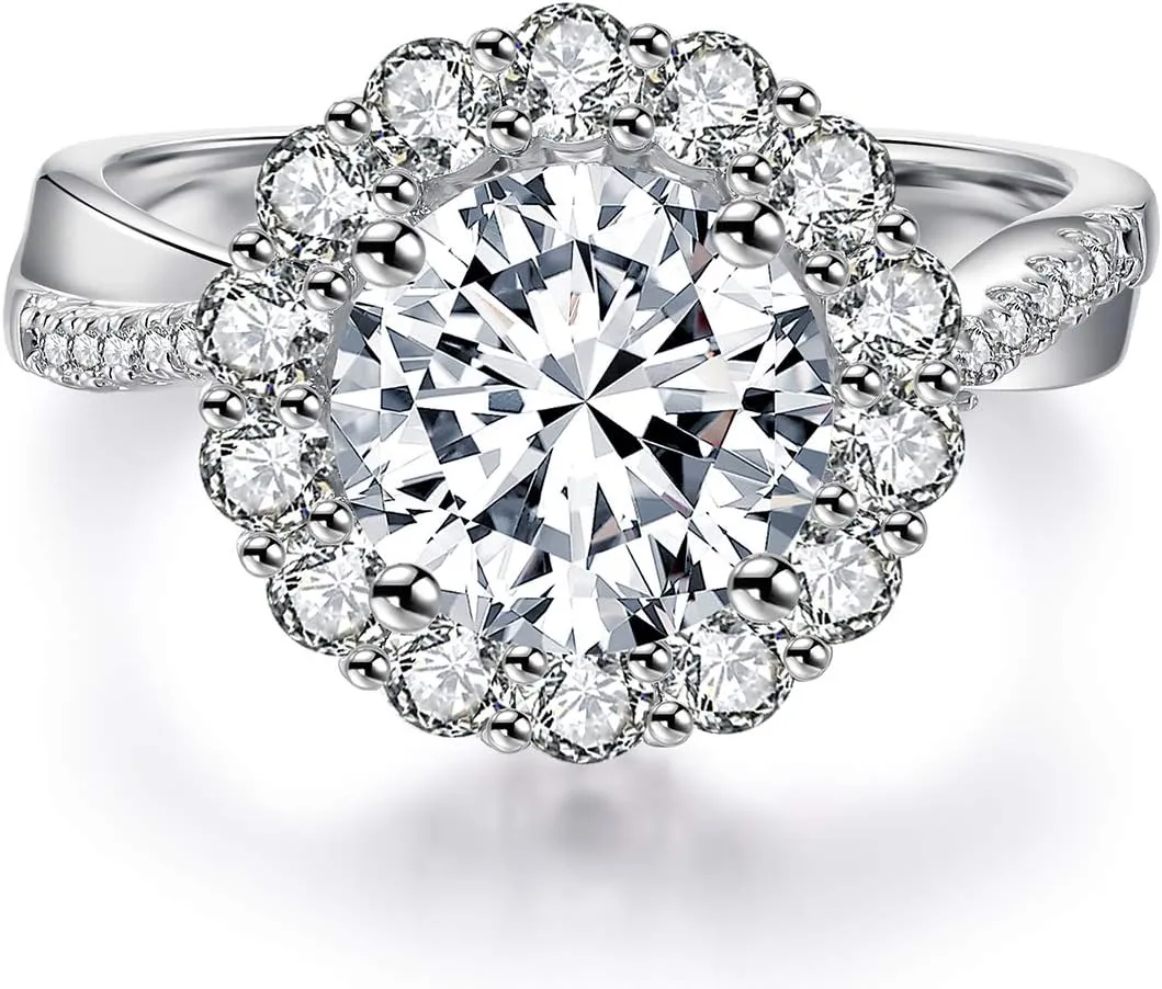 JIANGYUE Classic 3 Carats AAA Diamond Cubic Zirconia Engagement Wedding Rings for Women 14K White Gold Big Main Stone Cocktail Halo Rings Size 5 6 7 8 9 10