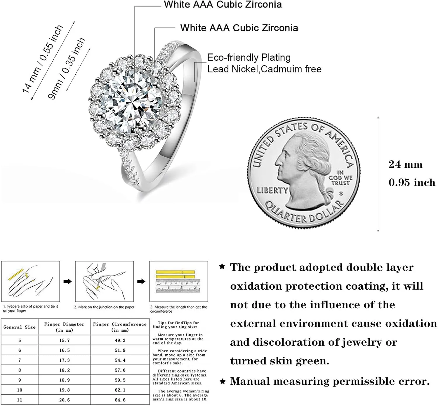 JIANGYUE Classic 3 Carats AAA Diamond Cubic Zirconia Engagement Wedding Rings for Women 14K White Gold Big Main Stone Cocktail Halo Rings Size 5 6 7 8 9 10