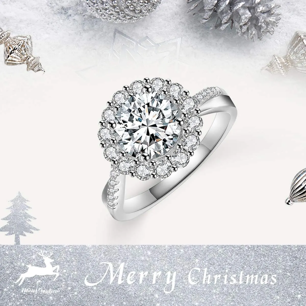 JIANGYUE Classic 3 Carats AAA Diamond Cubic Zirconia Engagement Wedding Rings for Women 14K White Gold Big Main Stone Cocktail Halo Rings Size 5 6 7 8 9 10