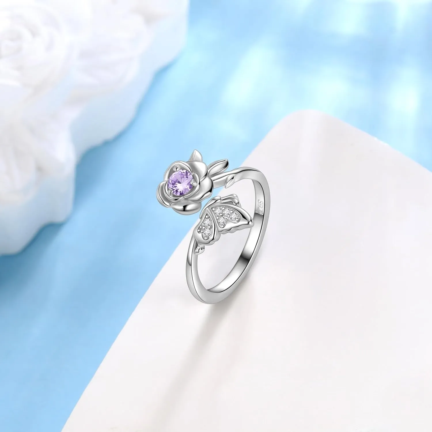 JJewmon Butterfly Rose Birthstone Ring for Women 925 Sterling Silver Butterfly Birth Stone Ring Birhstone Rose Ring Flower Elegant Promise Band Ring Butterfly Birthstone Jewelry Gifts for Her