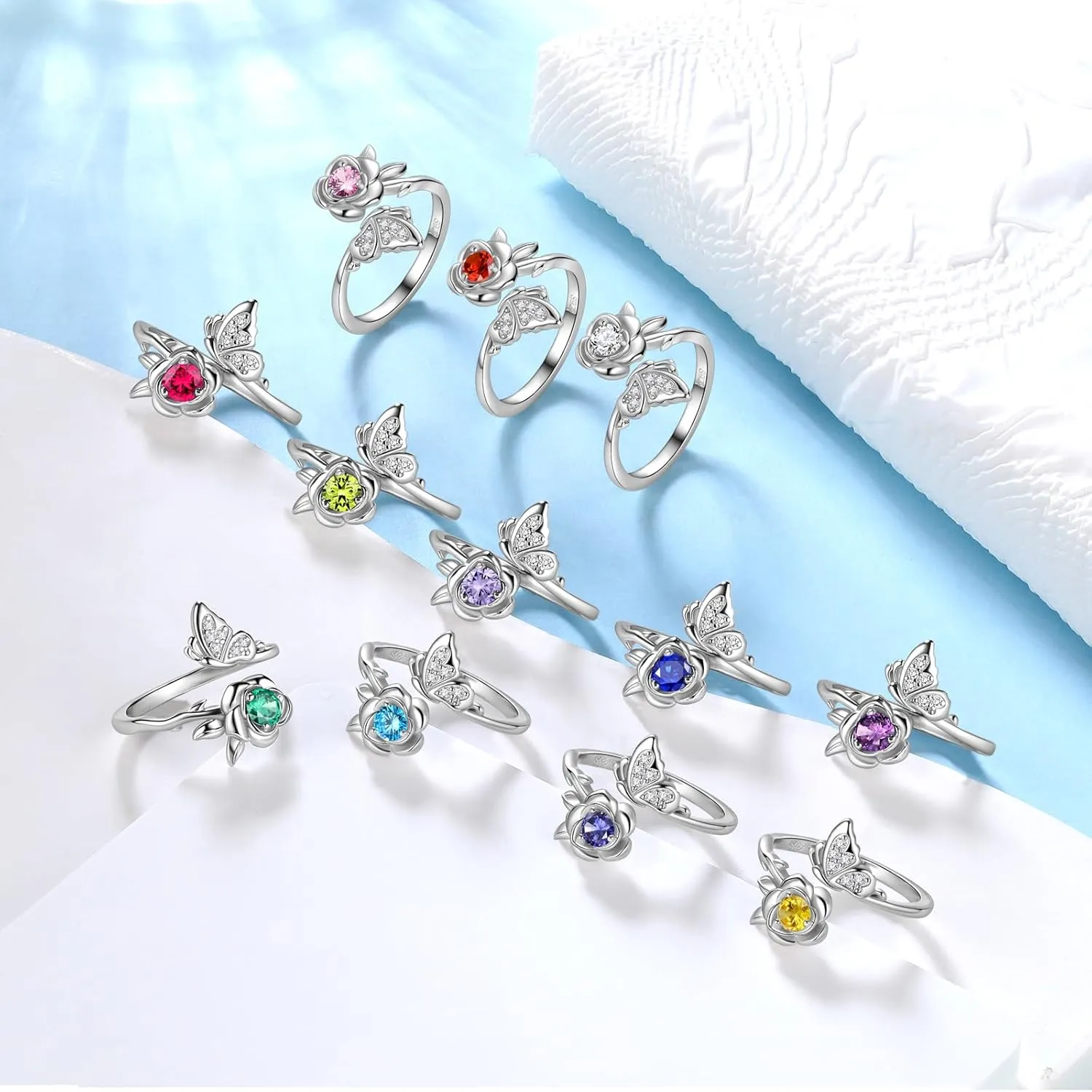 JJewmon Butterfly Rose Birthstone Ring for Women 925 Sterling Silver Butterfly Birth Stone Ring Birhstone Rose Ring Flower Elegant Promise Band Ring Butterfly Birthstone Jewelry Gifts for Her