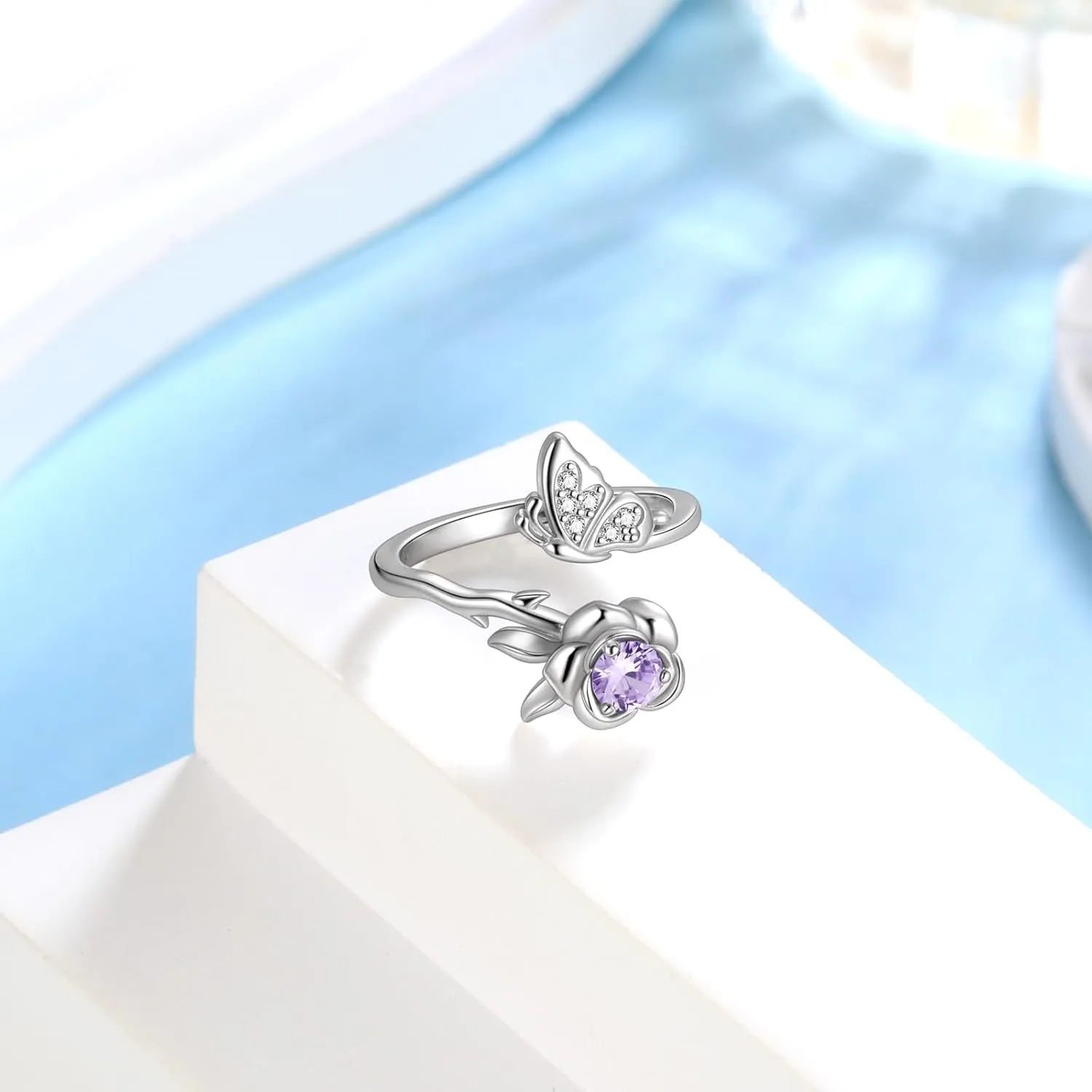 JJewmon Butterfly Rose Birthstone Ring for Women 925 Sterling Silver Butterfly Birth Stone Ring Birhstone Rose Ring Flower Elegant Promise Band Ring Butterfly Birthstone Jewelry Gifts for Her