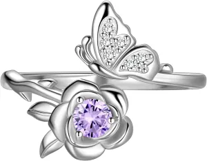 JJewmon Butterfly Rose Birthstone Ring for Women 925 Sterling Silver Butterfly Birth Stone Ring Birhstone Rose Ring Flower Elegant Promise Band Ring Butterfly Birthstone Jewelry Gifts for Her