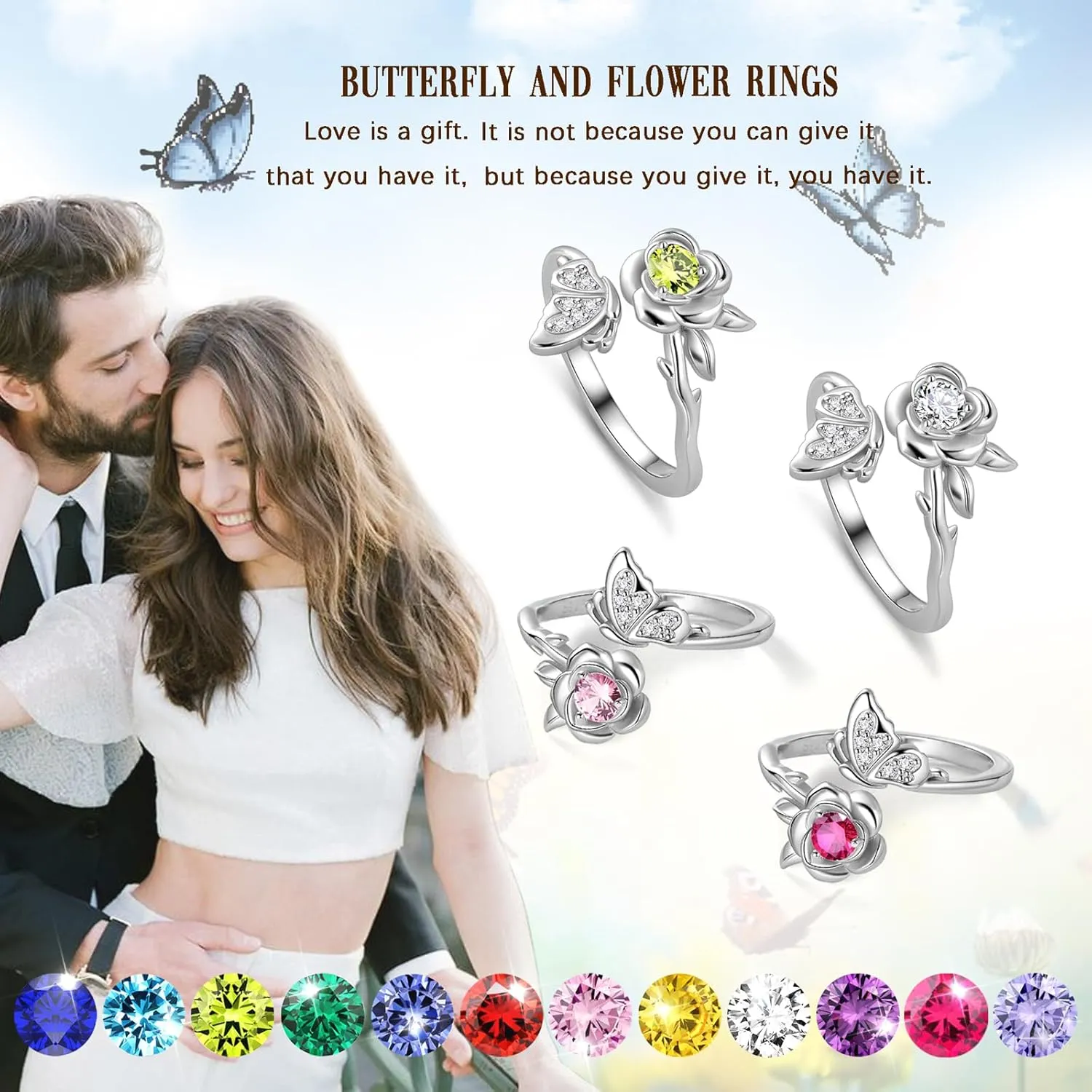 JJewmon Butterfly Rose Birthstone Ring for Women 925 Sterling Silver Butterfly Birth Stone Ring Birhstone Rose Ring Flower Elegant Promise Band Ring Butterfly Birthstone Jewelry Gifts for Her