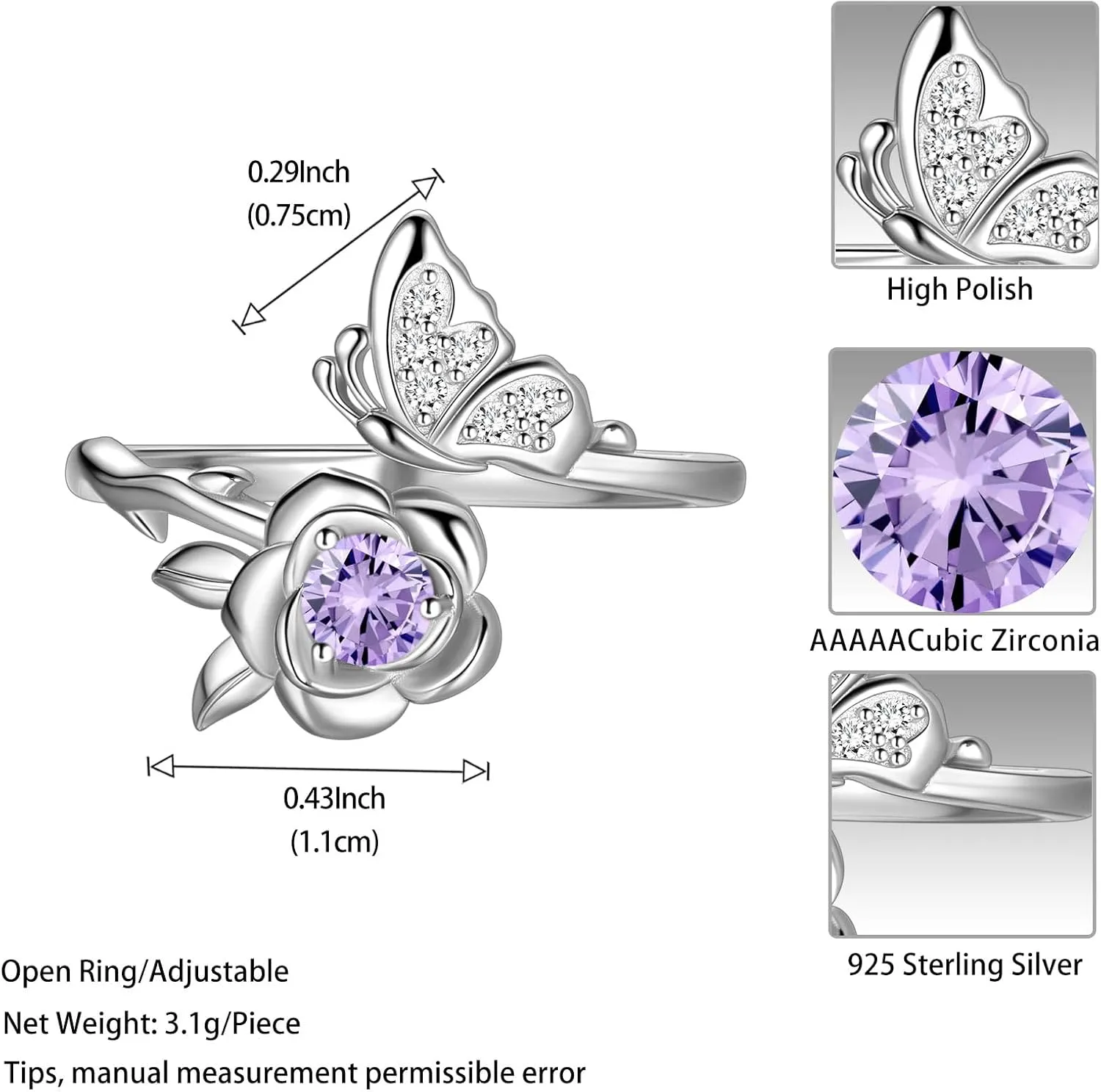 JJewmon Butterfly Rose Birthstone Ring for Women 925 Sterling Silver Butterfly Birth Stone Ring Birhstone Rose Ring Flower Elegant Promise Band Ring Butterfly Birthstone Jewelry Gifts for Her