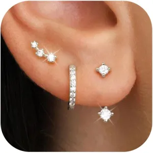 JUNVirtuous 925 Sterling Silver Earrings for Women Hypoallergenic 3 Pair Cubic Zirconia Small Silver Hoop Stud Earrings Sets for Multiple Piercing Stacks Plated Dainty Huggiu Earings Jewelry