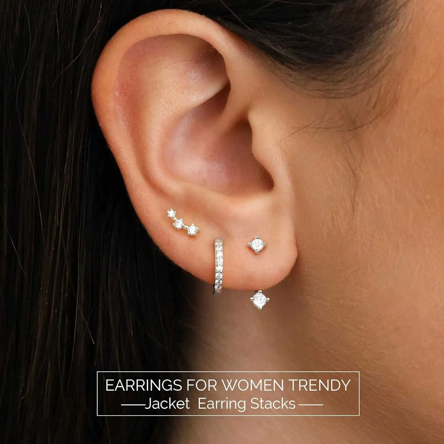 JUNVirtuous 925 Sterling Silver Earrings for Women Hypoallergenic 3 Pair Cubic Zirconia Small Silver Hoop Stud Earrings Sets for Multiple Piercing Stacks Plated Dainty Huggiu Earings Jewelry