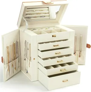 KAMIER Jewelry Box for Women, 6-Layer Large Jewelry Holder Organizer Box with Mirror & 5 Drawers for Rings, Earrings, Necklaces, Bracelets,White