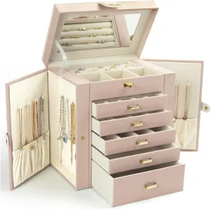 KAMIER Jewelry Box for Women, 6-Layer Large Jewelry Organizer Box with Mirror & 5 Drawers for Rings, Earrings, Necklaces, Bracelets,Beige