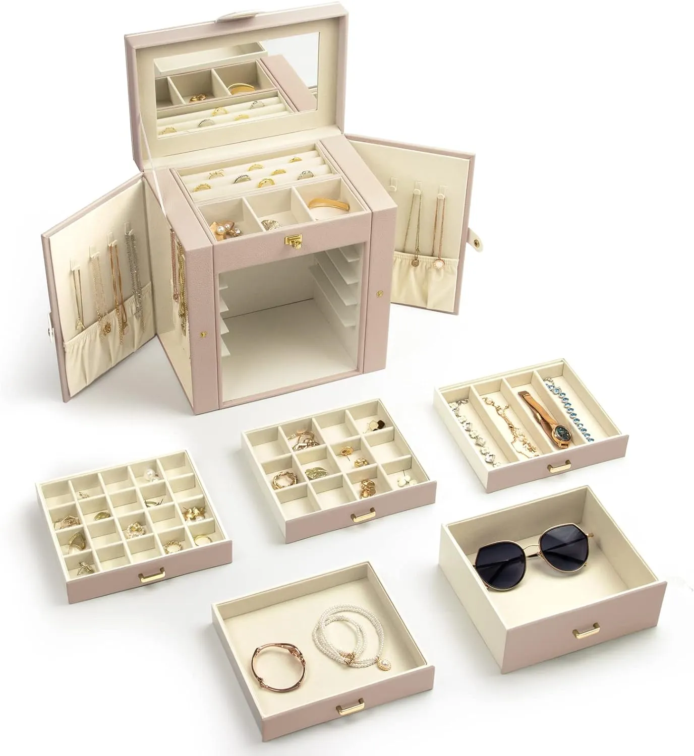 KAMIER Jewelry Box for Women, 6-Layer Large Jewelry Organizer Box with Mirror & 5 Drawers for Rings, Earrings, Necklaces, Bracelets,Beige