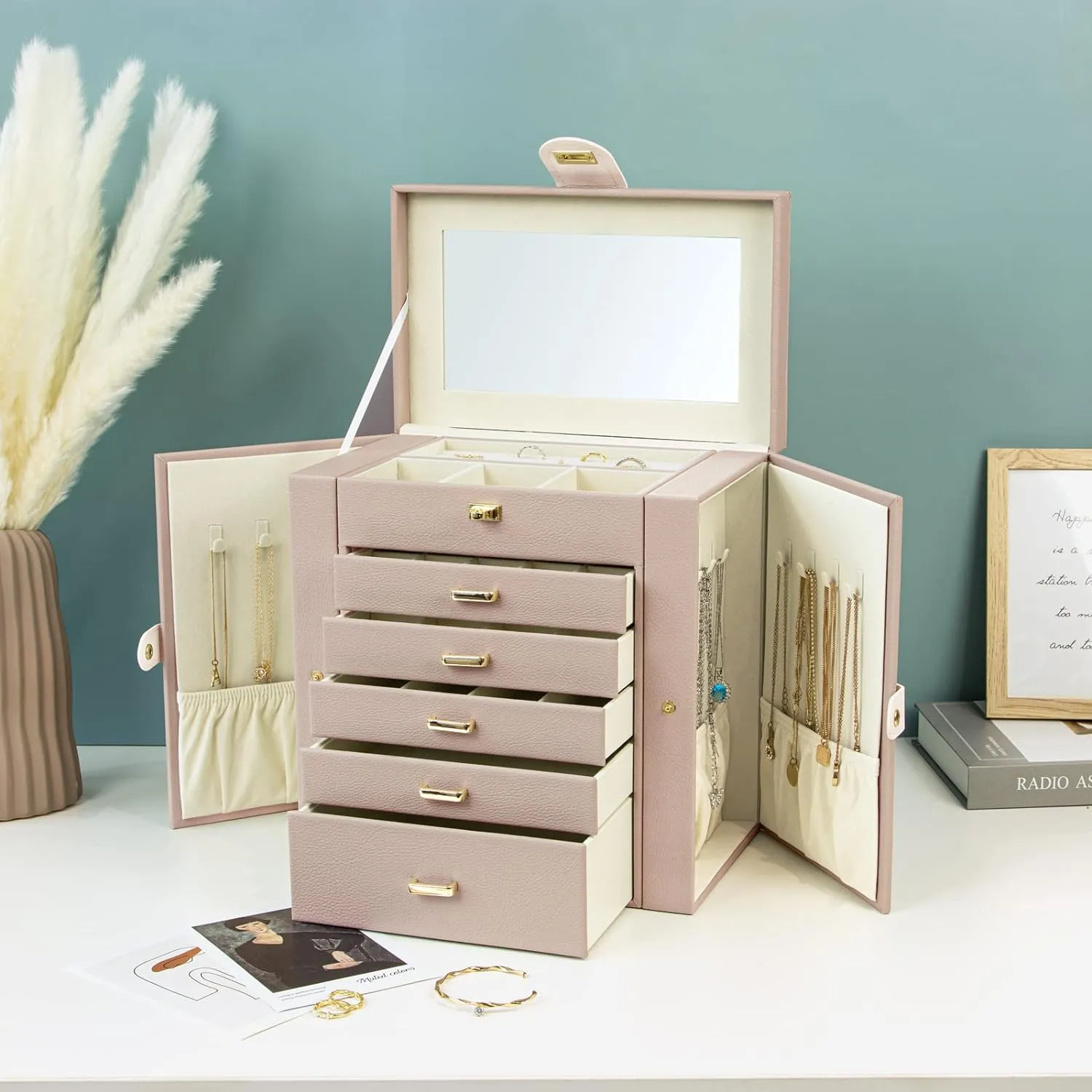 KAMIER Jewelry Box for Women, 6-Layer Large Jewelry Organizer Box with Mirror & 5 Drawers for Rings, Earrings, Necklaces, Bracelets,Beige