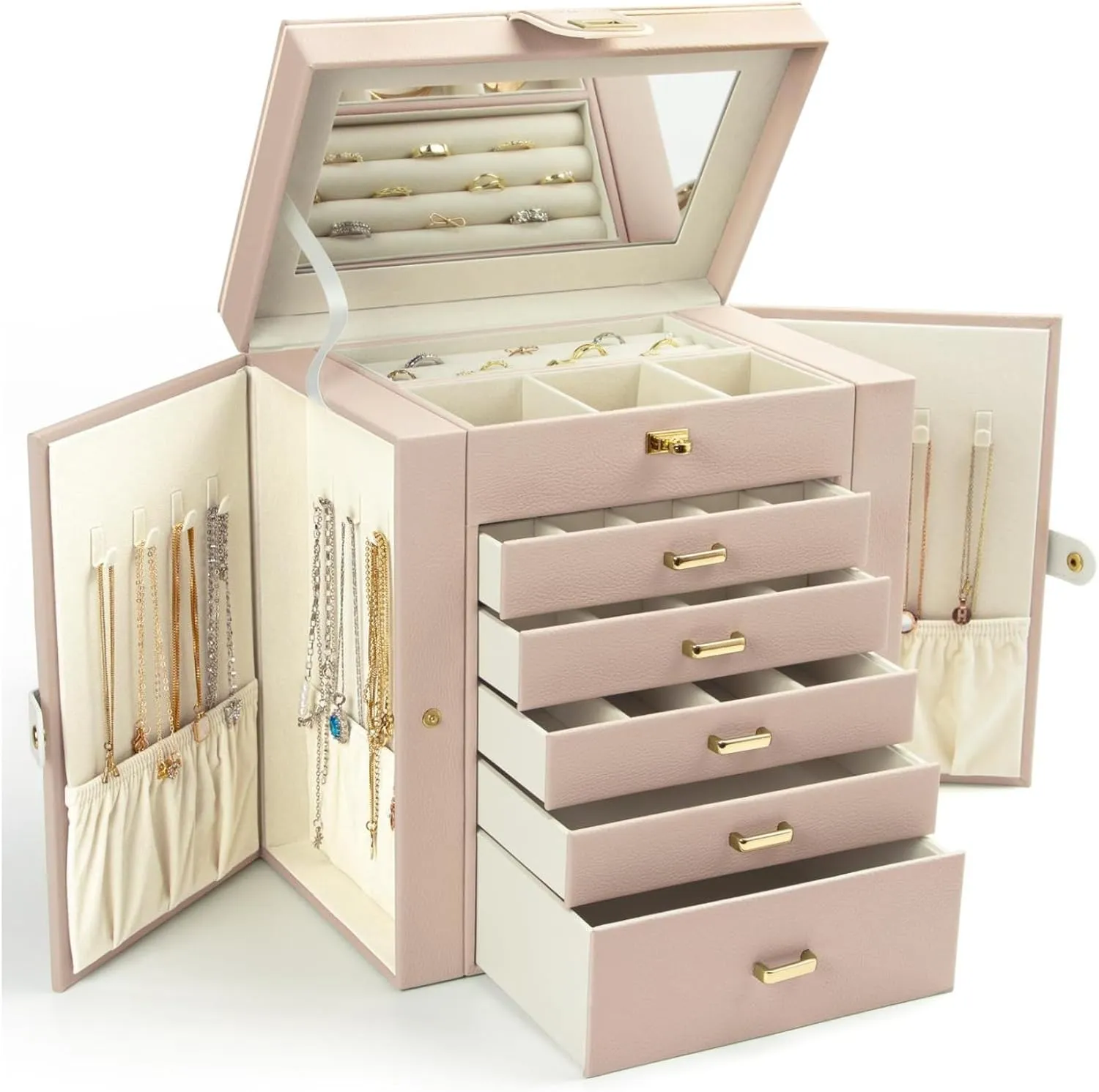 KAMIER Jewelry Box for Women, 6-Layer Large Jewelry Organizer Box with Mirror & 5 Drawers for Rings, Earrings, Necklaces, Bracelets,Beige