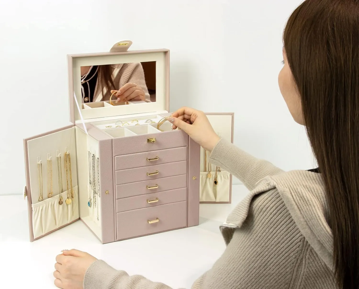 KAMIER Jewelry Box for Women, 6-Layer Large Jewelry Organizer Box with Mirror & 5 Drawers for Rings, Earrings, Necklaces, Bracelets,Beige
