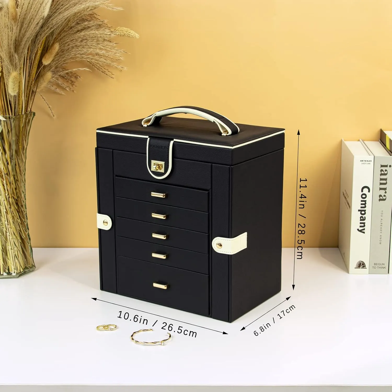 KAMIER Jewelry Box for Women, 6-Layer Large Jewelry Organizer Box with Mirror & 5 Drawers for Rings, Earrings, Necklaces, Bracelets,Black