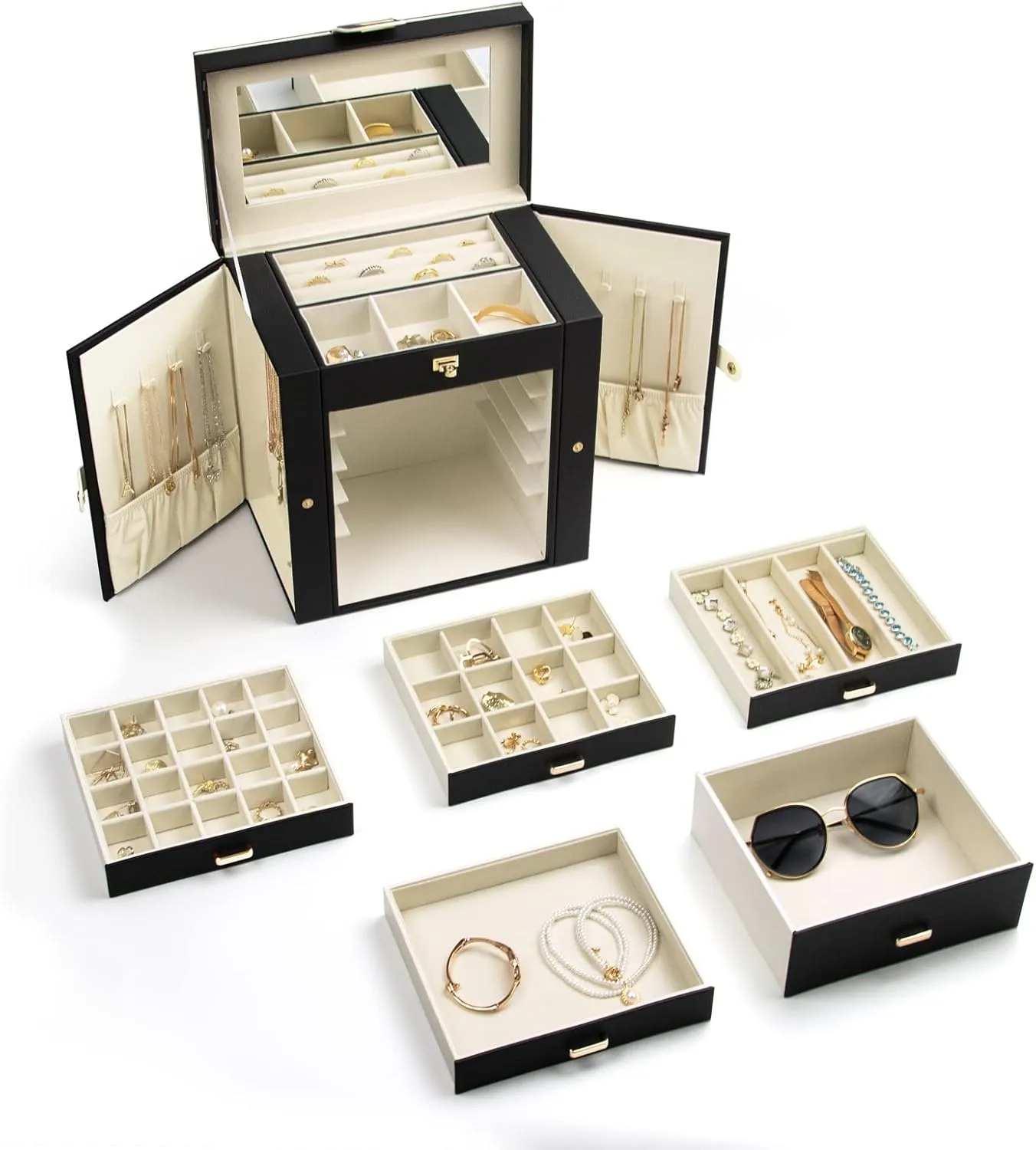 KAMIER Jewelry Box for Women, 6-Layer Large Jewelry Organizer Box with Mirror & 5 Drawers for Rings, Earrings, Necklaces, Bracelets,Black