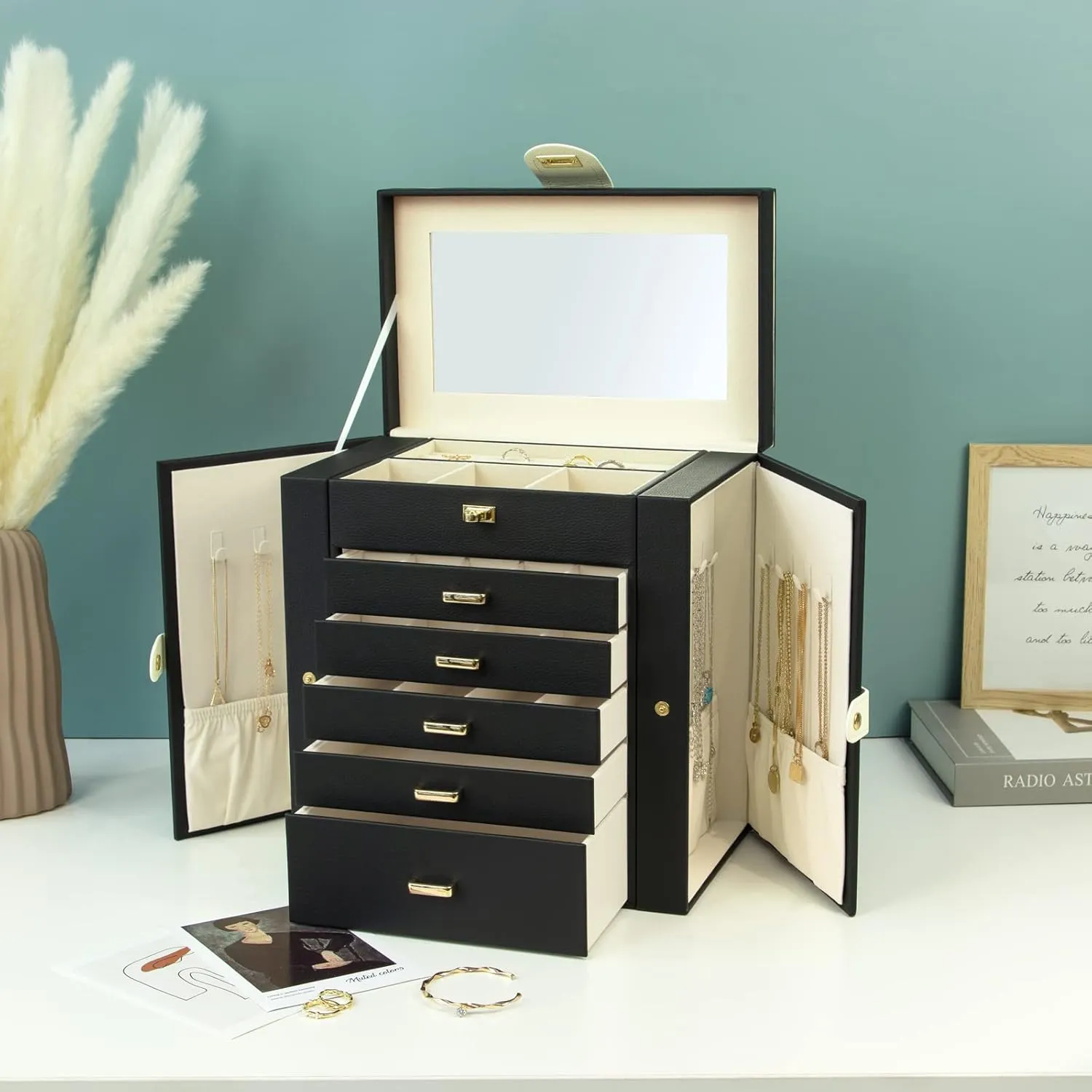 KAMIER Jewelry Box for Women, 6-Layer Large Jewelry Organizer Box with Mirror & 5 Drawers for Rings, Earrings, Necklaces, Bracelets,Black