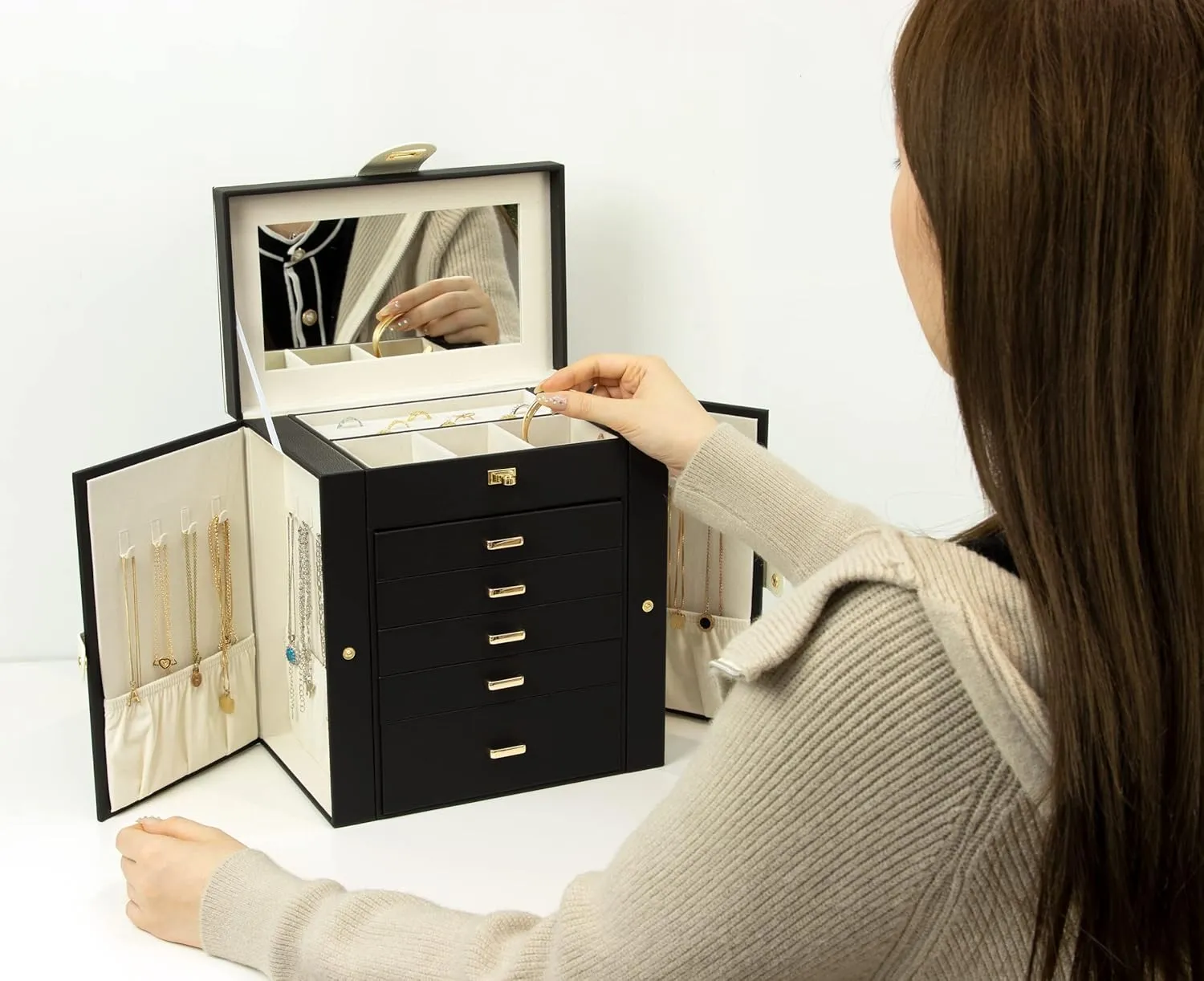 KAMIER Jewelry Box for Women, 6-Layer Large Jewelry Organizer Box with Mirror & 5 Drawers for Rings, Earrings, Necklaces, Bracelets,Black