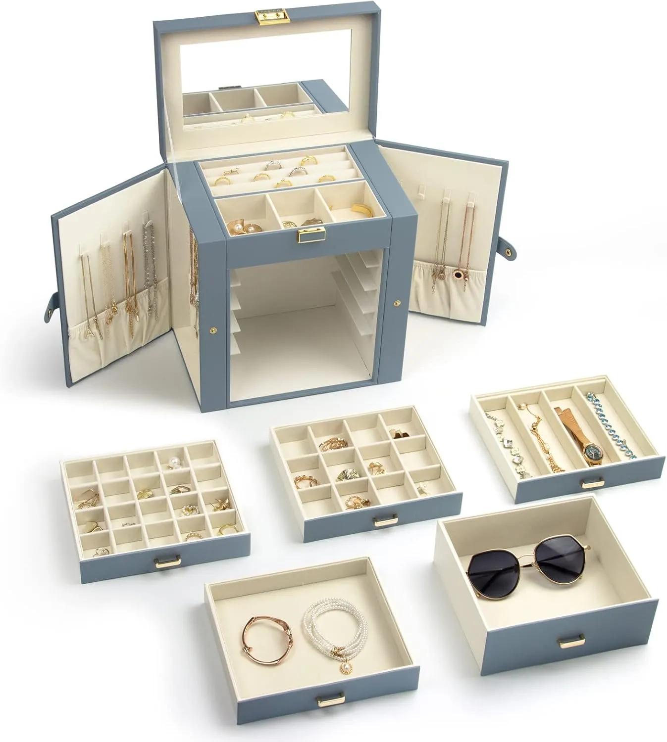 KAMIER Jewelry Box for Women, 6-Layer Large Jewelry Organizer Box with Mirror & 5 Drawers for Rings, Earrings, Necklaces, Bracelets,Bluish Grey