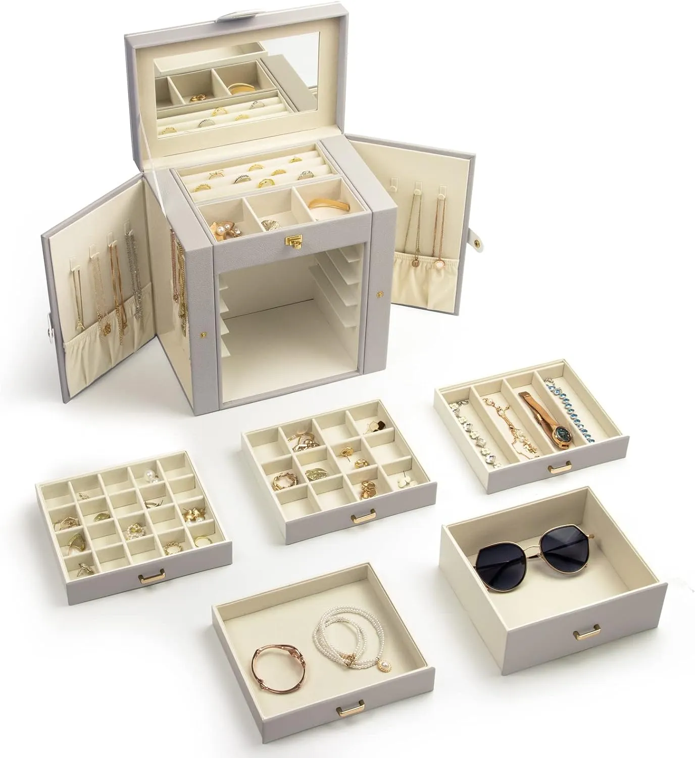 KAMIER Jewelry Box for Women, 6-Layer Large Jewelry Organizer Box with Mirror & 5 Drawers for Rings, Earrings, Necklaces, Bracelets,Gray