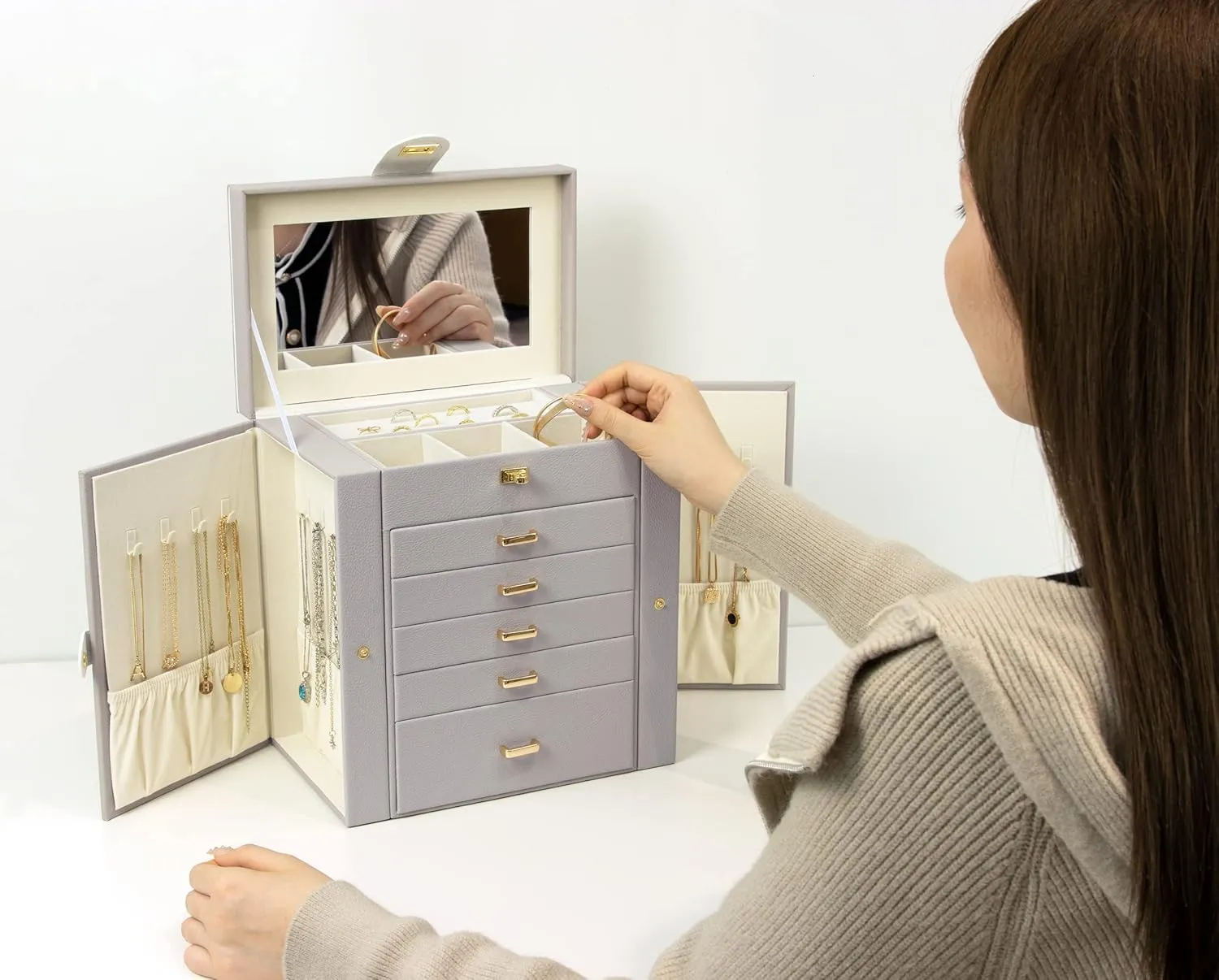 KAMIER Jewelry Box for Women, 6-Layer Large Jewelry Organizer Box with Mirror & 5 Drawers for Rings, Earrings, Necklaces, Bracelets,Gray