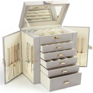 KAMIER Jewelry Box for Women, 6-Layer Large Jewelry Organizer Box with Mirror & 5 Drawers for Rings, Earrings, Necklaces, Bracelets,Gray