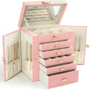 KAMIER Jewelry Box for Women, 6-Layer Large Jewelry Organizer Box with Mirror & 5 Drawers for Rings, Earrings, Necklaces, Bracelets,Pink