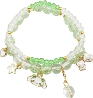 Kawaii Bracelets Cinnamoroll Crystal Beads Bracelet Set Cute Cartoon Elastic Beaded Pearl Green Bracelets Jewelry for Women Bff Friendship Christmas Stocking Stuffers for Women(Green)