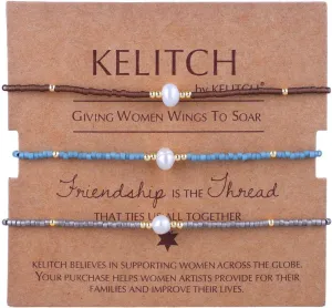 KELITCH 3PCS Shell Pearl Seed Bead Bracelets for Women Thin Rope Handmade Braided Adjustable Charm String Chains Stack Bracelets Sets Friendship Fashion Jewelry
