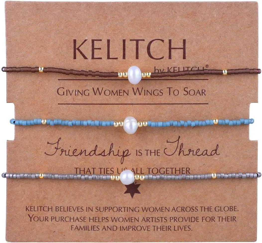 KELITCH 3PCS Shell Pearl Seed Bead Bracelets for Women Thin Rope Handmade Braided Adjustable Charm String Chains Stack Bracelets Sets Friendship Fashion Jewelry