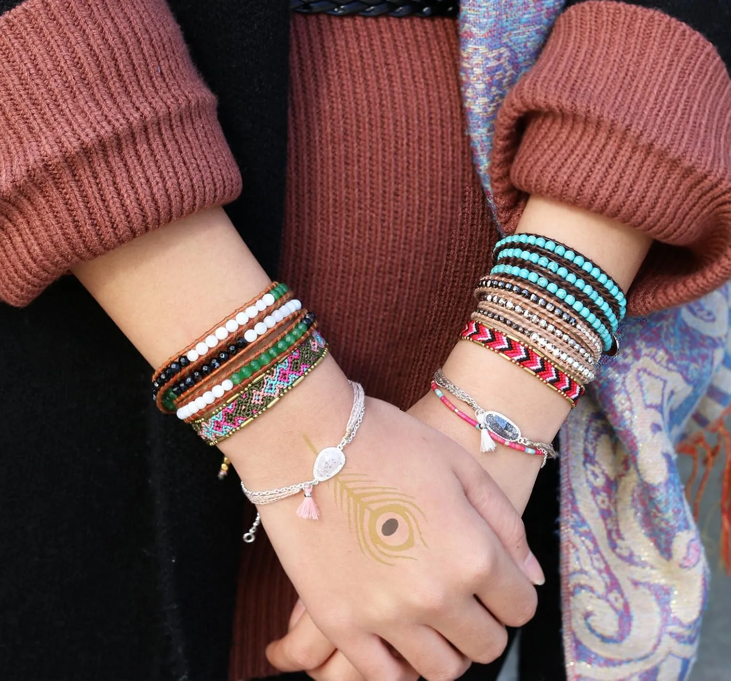 KELITCH Crystal Beaded Bracelets 3 Wrap Leather Bracelets Handmade Women Bracelets Jewelry