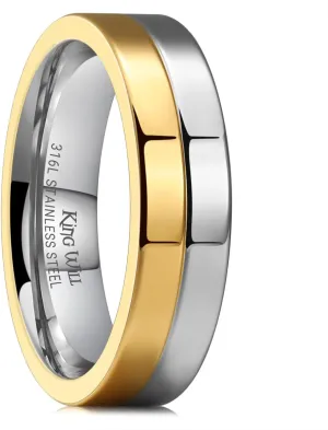 King Will 316L Stainless Steel Men's Wedding Band  6/8 mm Dual-Tone Wedding Ring Polished Finish with Gold/Black Steel Plating, Fashionable and Durable Stainless Steel Men's Ring Size 7-14