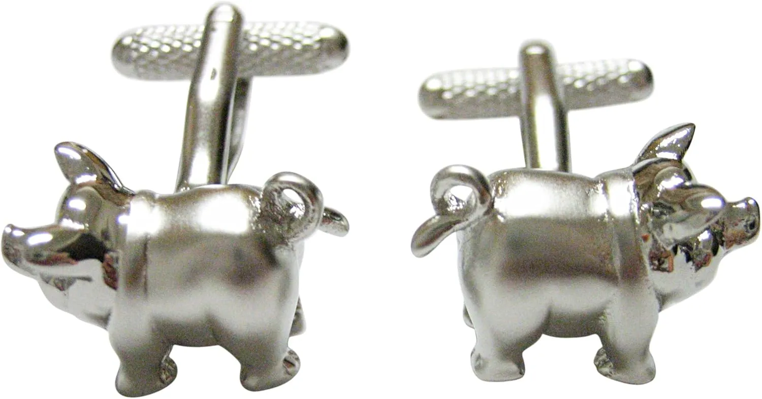 Kiola Designs Silver Toned Shiny Detailed Pig Cufflinks