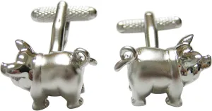 Kiola Designs Silver Toned Shiny Detailed Pig Cufflinks