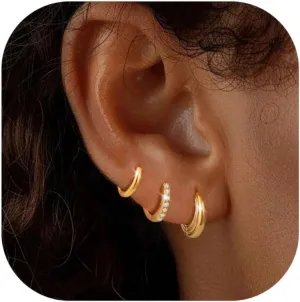 KOHOTA 3 Pairs Gold Hoop Earrings Set for Women 925 Sterling Silver Post Stud Earrings 14K Gold Plated Hypoallergenic Cartilage Earrings Huggie Hoop Dangle Earrings for Multiple Piercing Jewelry Gifts