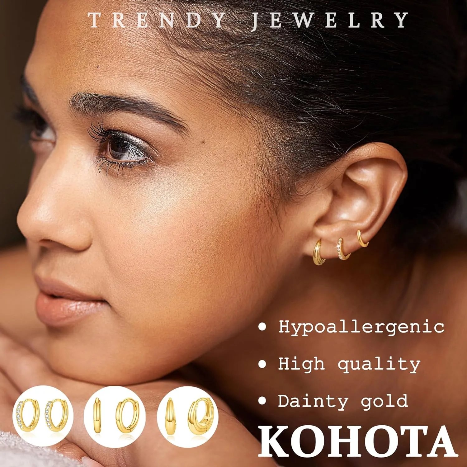 KOHOTA 3 Pairs Gold Hoop Earrings Set for Women 925 Sterling Silver Post Stud Earrings 14K Gold Plated Hypoallergenic Cartilage Earrings Huggie Hoop Dangle Earrings for Multiple Piercing Jewelry Gifts