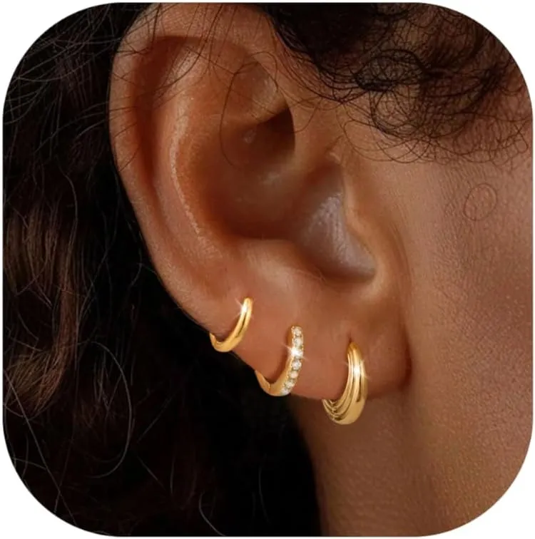 KOHOTA 3 Pairs Gold Hoop Earrings Set for Women 925 Sterling Silver Post Stud Earrings 14K Gold Plated Hypoallergenic Cartilage Earrings Huggie Hoop Dangle Earrings for Multiple Piercing Jewelry Gifts