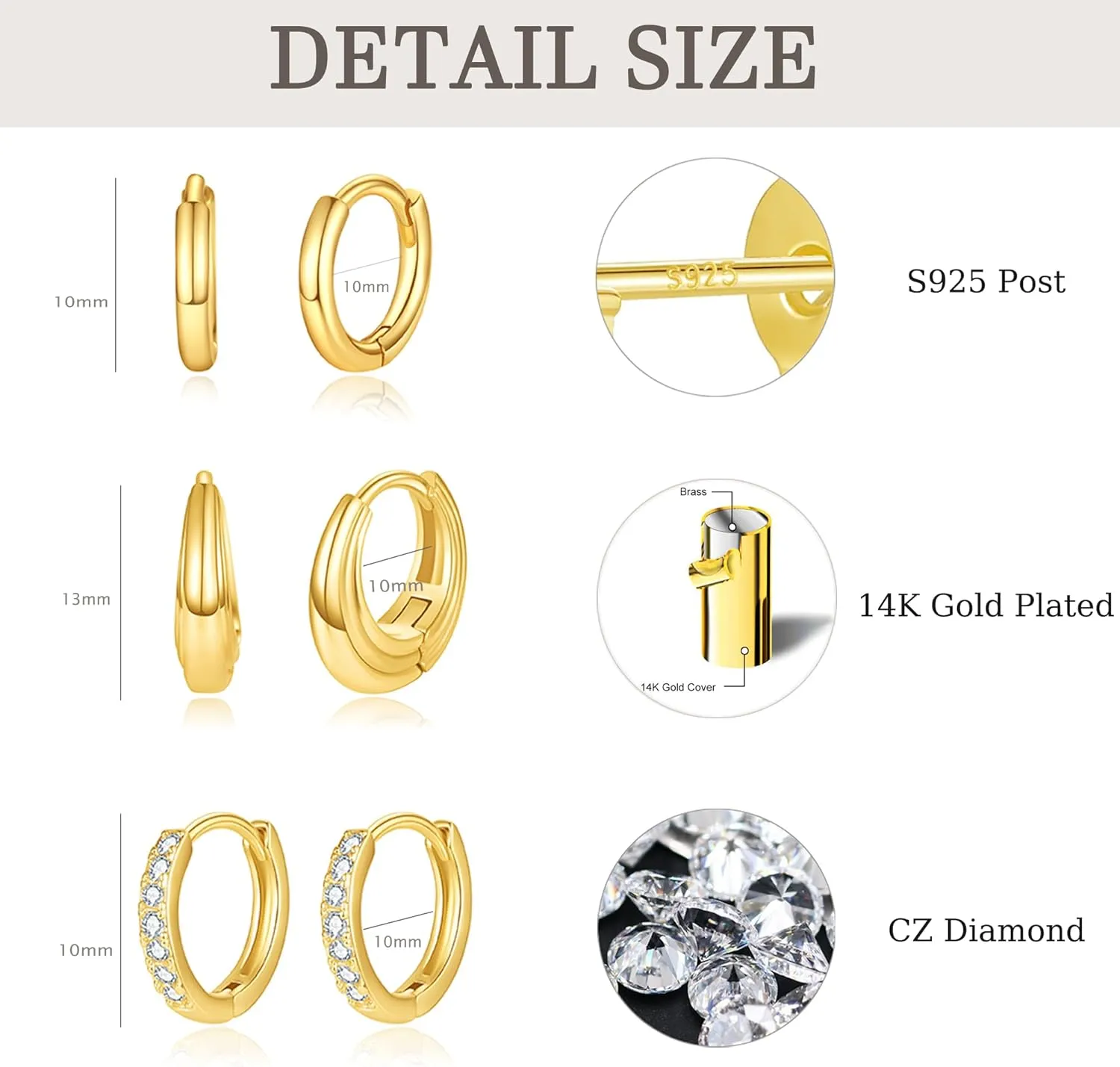 KOHOTA 3 Pairs Gold Hoop Earrings Set for Women 925 Sterling Silver Post Stud Earrings 14K Gold Plated Hypoallergenic Cartilage Earrings Huggie Hoop Dangle Earrings for Multiple Piercing Jewelry Gifts