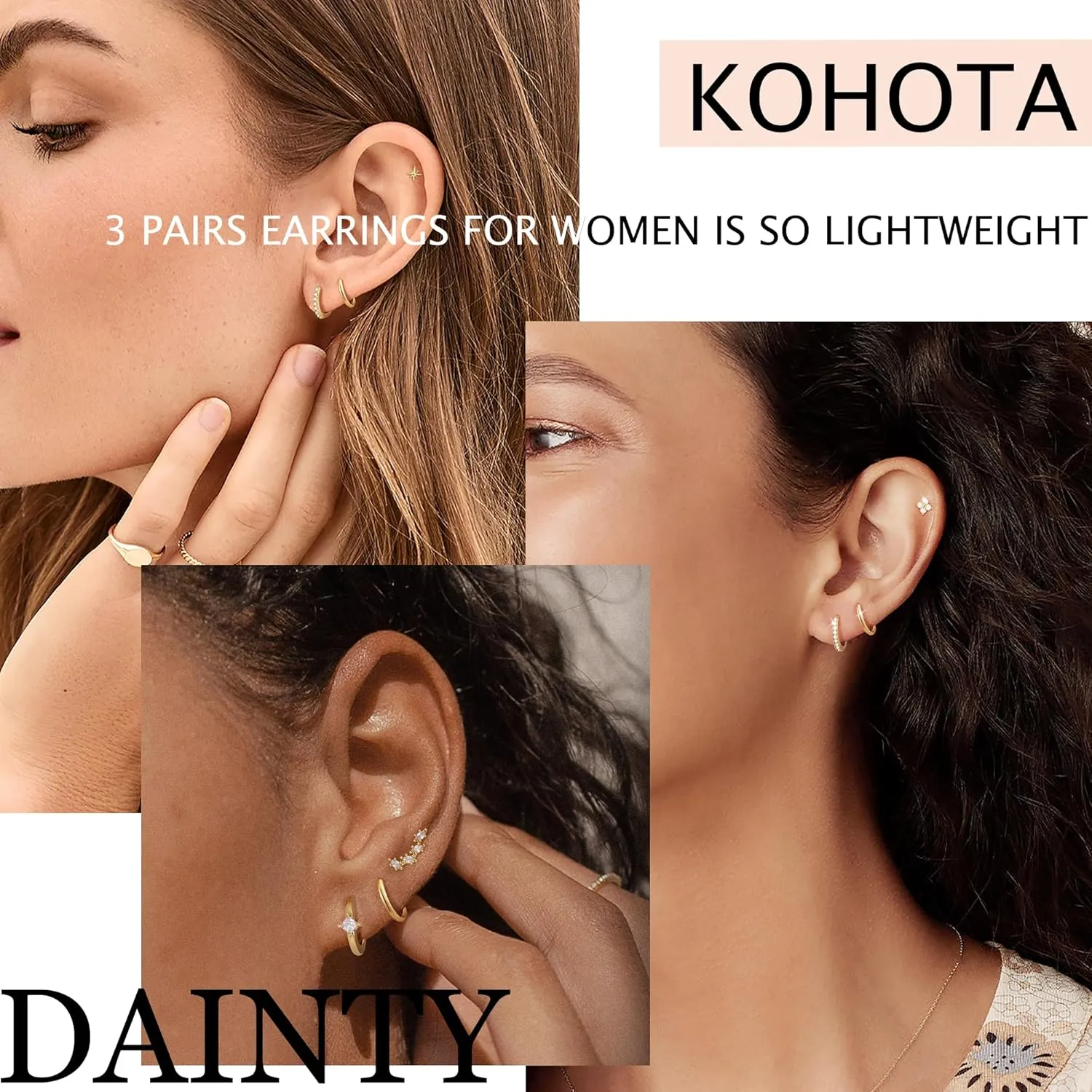 KOHOTA 3 Pairs Gold Hoop Earrings Set for Women 925 Sterling Silver Post Stud Earrings 14K Gold Plated Hypoallergenic Cartilage Earrings Huggie Hoop Dangle Earrings for Multiple Piercing Jewelry Gifts