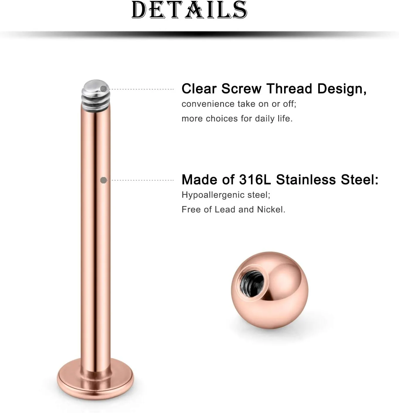 Kridzisw 16G 316L Stainless Steel Labret Cheek Tongue Rings Barbell Body Piercing Jewelry 4mm 5mm Bar Size 14mm-19mm Bar Length Available 6Pcs